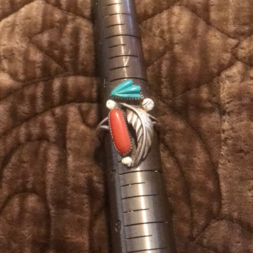 Silver and Turquoise Ring with Coral Accent